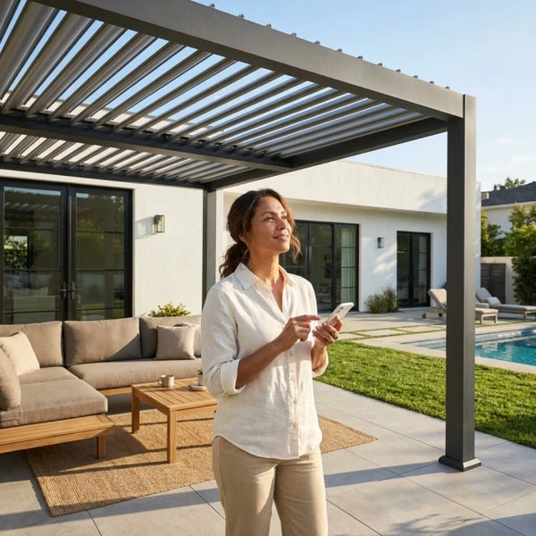 Motorized Louvered Pergola Engineered for Climate Control, Rainproof Louvers, Integrated Drainage, 320x300cm